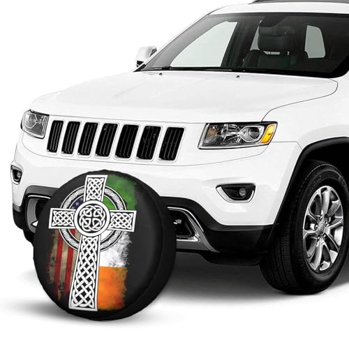 Image of American Irish Cross St. Patrick's Day Flag Spare Tire Cover Weatherproof Wheel Protectors Dust-Proof Sun Protection Wheel Tire Covers Universal Fit for Truck SUV RV Camper Trailer 17 inch