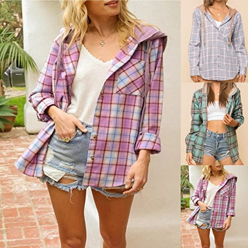 Women's Casual Long Sleeve Button Down Boyfriend Plaid Heavyweight Flannel Shirt Jacket Shacket Plus Size Shirt Hoodie Long Sleeve Crew Neck Jacket With Hood Button Down Casual Shirts #TOP1