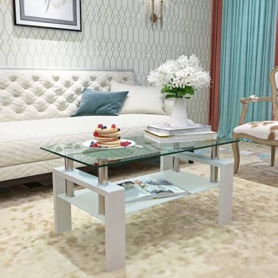 ホワイト】ガラステーブル コーヒーテーブル 幅88cm 強化ガラス天板