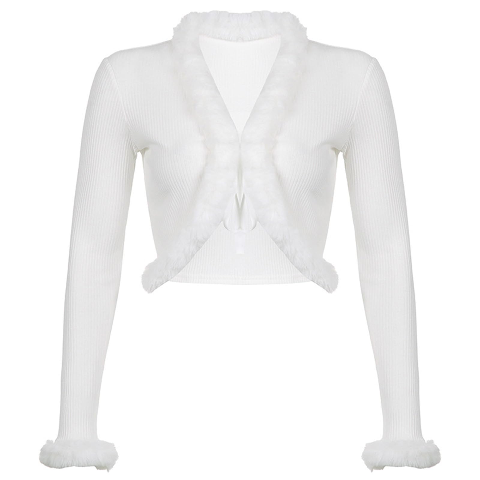 Women Long Sleeve Tie up Cardigan Deep V Solid Crop Tops Fur Trim Fashion Knitted Sweaters Rave Festival