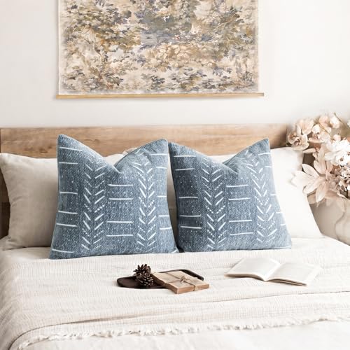 Image of Foindtower Set of 2 Decorative Chenille Jacquard Throw Pillow Covers Textured Farmhouse Vintage Cushion Covers Neutral Boho Accent Home Decor for Sofa Chair Couch Bedroom Living Room,18x18 Inch,Blue
