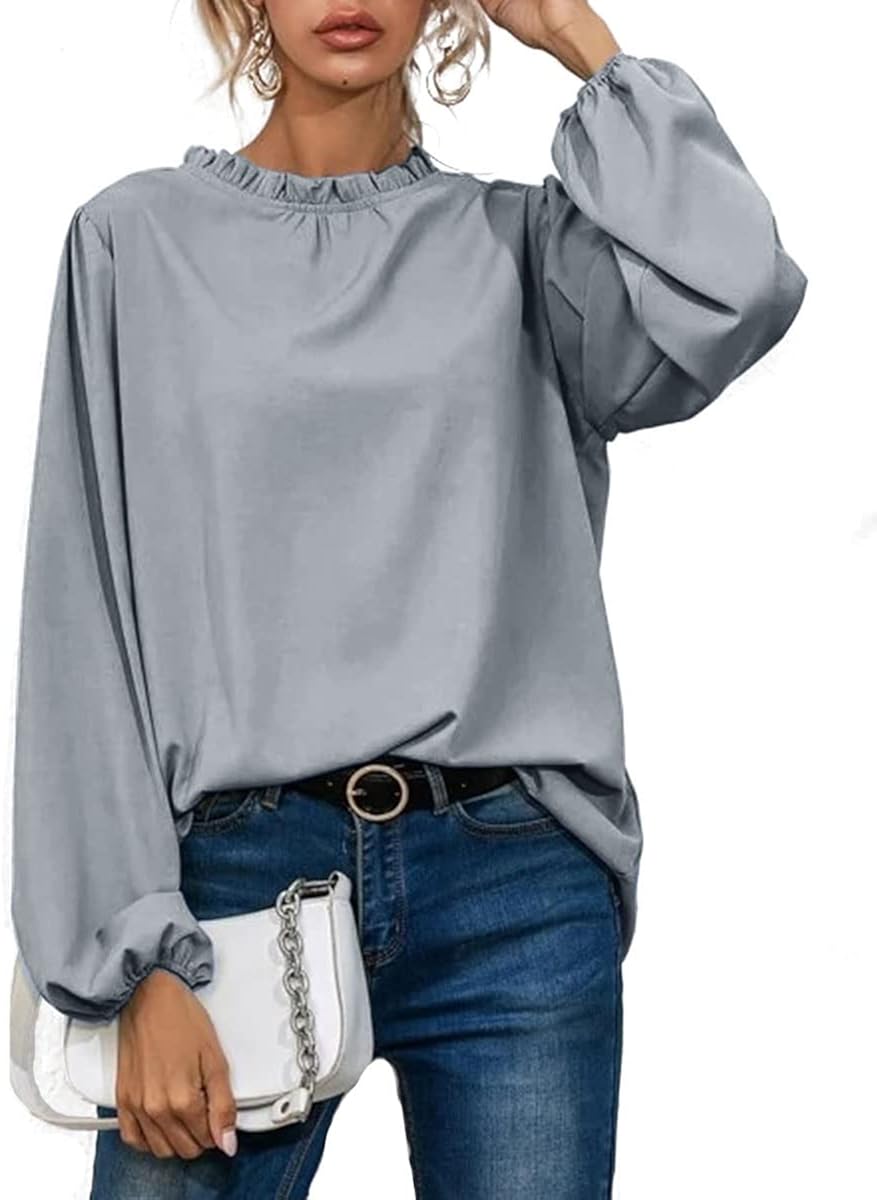 Women's Frill Mock Neck Flounce Blouses Long Sleeve Ruffle Casual Shirts Tunic Tops X-Large Grey
