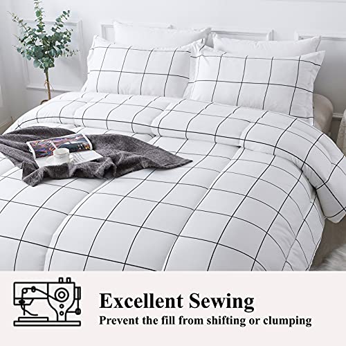 Image of Andency White Grid Comforter Set Full(79x90Inch), 3 Pieces (1 Plaid Comforter and 2 Pillowcases) White Plaid Comforter Set, Lightweight Polyester Gingham Geometric Comforter Bedding Set