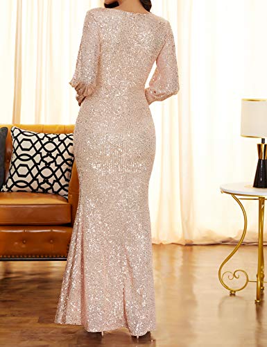 Image of Women's V Neck Long Sleeve Glitter Sequins Mermaid Evening Gown Dress