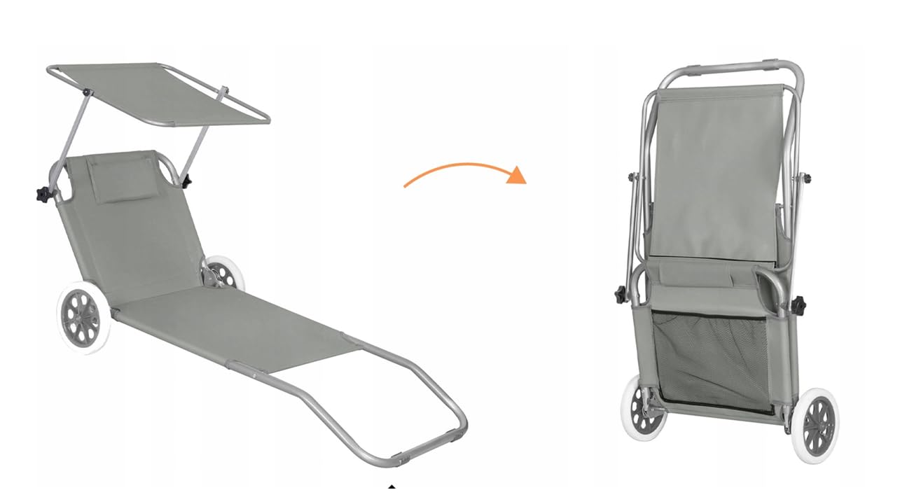 Chaise Longue Universelle Pliable avec Roues et Toit Pare-Soleil - Chaise Longue de Plage réglable et Confortable avec Oreiller - Parfait pour Les familles, Le Jardin, la Plage et Les Pique (Gris)