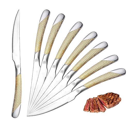 snplowum Elegant 8pcs Dinner Knife, Mirror Polish Stainless Steel Sharp Serrated Knife For Kitchen Restaurant Home, Silver With Gold, 9-Inch