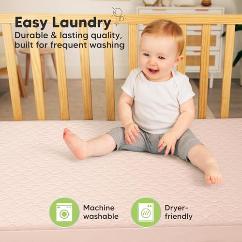 Image of 2-Pack Waterproof Crib Mattress Protector Cover Fitted - Quiet Baby Crib Mattress Pad Sheets, 52 inch x 28 inch Soft Quilted Cotton Baby Sheet, Machine Washable, Easy Fit, Durable (Mist Rose /Mavy)