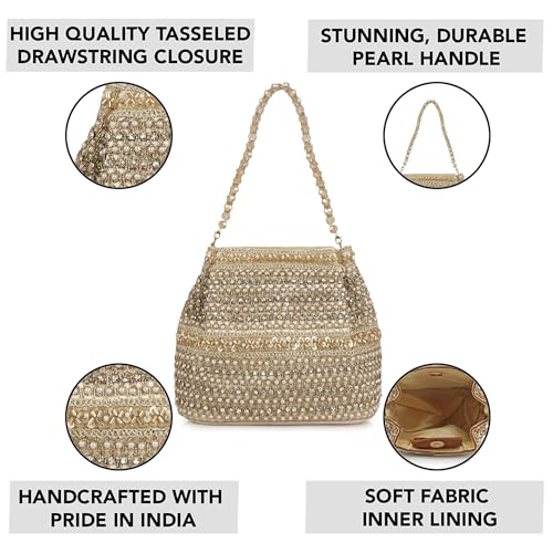 Image of Nevis Silk Fabric Premium Pearl & Crystal Embroidered Potli Bag for Women | Ethnic Bridal Clutch with Golden Handle | Party & Wedding | Potli Bag