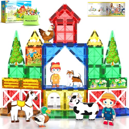 Magnetic Tiles Toys with Farm Animals for 3+ Year Old Toddler, Magnetic Blocks Building Toys for Kids Ages 3-5 5-7 Girls Boys, Classroom Must Haves 44PCS