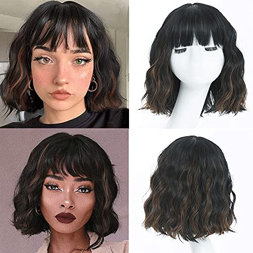Moonshow Short Wavy Wig with Bangs Black Mixed Brown Bob Wavy Wig for Black Women Short Wavy Bob Wig with Bangs Synthetic Heat Resistant Fiber Hair…
