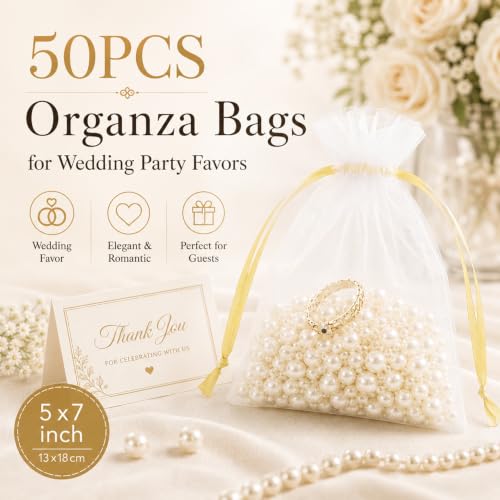 Image of ANZNKU 50 Pack Organza Bags 5 x 7 in White Small Mesh Gift Bags with Gold Drawstring for Wedding, Goodie Bag for Candy Jewelry Soap Makeup, Treat Sachet Pouch for Baby Shower Graduation