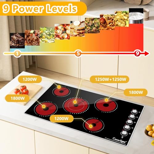 Image of 36 Inch Electric Cooktop, 5 Burner Built-In Ceramic Glass Cooktop with Knob Control, 9 Power Levels, Expandable Burner, 8500W, 220-240V Hardwired, Works with All Cookware