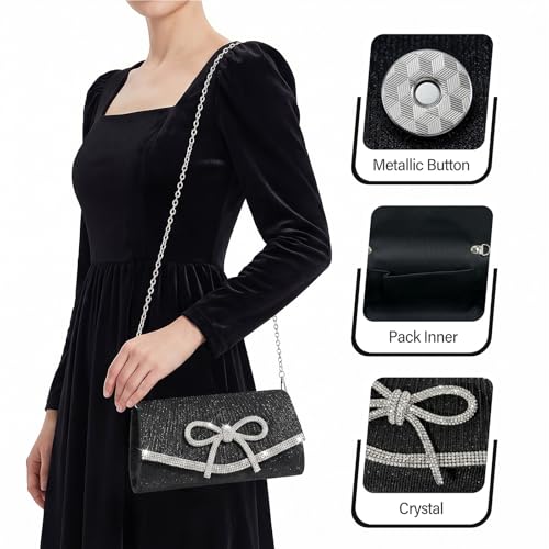 Image of Bow Rhinestone Evening Clutch Purses for Women Weddings Party Prom Diamond Glitter Sparkly Handbag with Detachable Chain