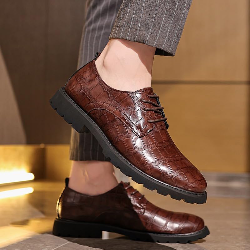 Men's Vintage Crocodile Print Strap Slip On Dress Shoes Formal Business Casual Lace Up Punched Leather Oxford4