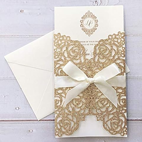 Picky Bride 25PCS Wedding Invitations with Envelopes 128 x 185mm Lasercut Lace Gold Wedding Invitations Kit for Wedding Party, Bridal Shower Cover