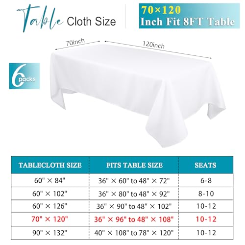 Kesfey 6 Packs White Table Cloths Rectangle 70 x120 inch Washable Polyester Fabric White Tablecloths for 6-8 Ft Tables Stain and Wrinkle Resistant Reusable Table Covers for Parties Wedding Banquet