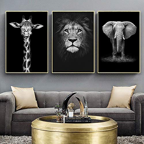 UIGJIOG 3 Piezas Cuadro sobre Lienzo Pintura Elefante León Jirafa Negro Blanco Animal Arte impresión Cartel Imagen Pared decoración nórdica,60x90cm No Frame Cover