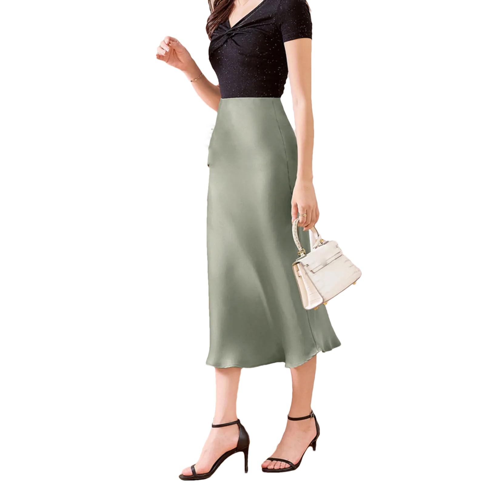 Jupe longue en satin de soie pour femme - Taille haute - Élastique - Coupe trapèze