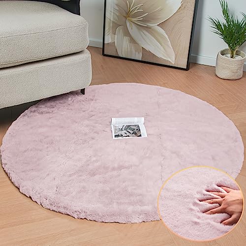 Pink Washable Fluffy Rugs for Bedroom Small Circle Faux Rabbit Shag Fur Area Rugs for Living Room Nursery Round Rug 3ft Rug