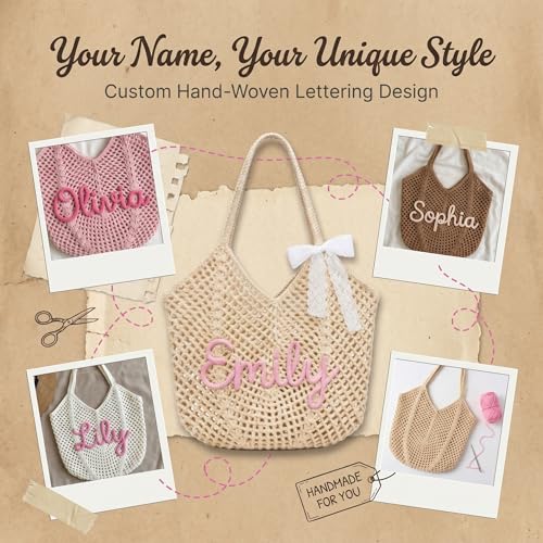 Bolso de playa tejido a mano personalizado VEELU para mujer, bolso tote con nombre personalizado, ligero para viajes y vacaciones de verano miniatura 6