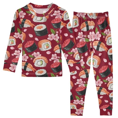 Pajama Sets Long Sleeve Sushi Pattern Pink Flowers Soft Comfy Sleepwear 2 Piece PJS 3-8T