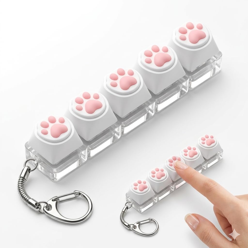 Keyboard Fidget Toy, Pink Cat Paw Fidget Toy Portable Fidget Keyboard Keychain, Clicker Keyboard Fidget Toy Stress Relief for Office, School, Home and Travel, Gifts with Multiple Styles (5-button)