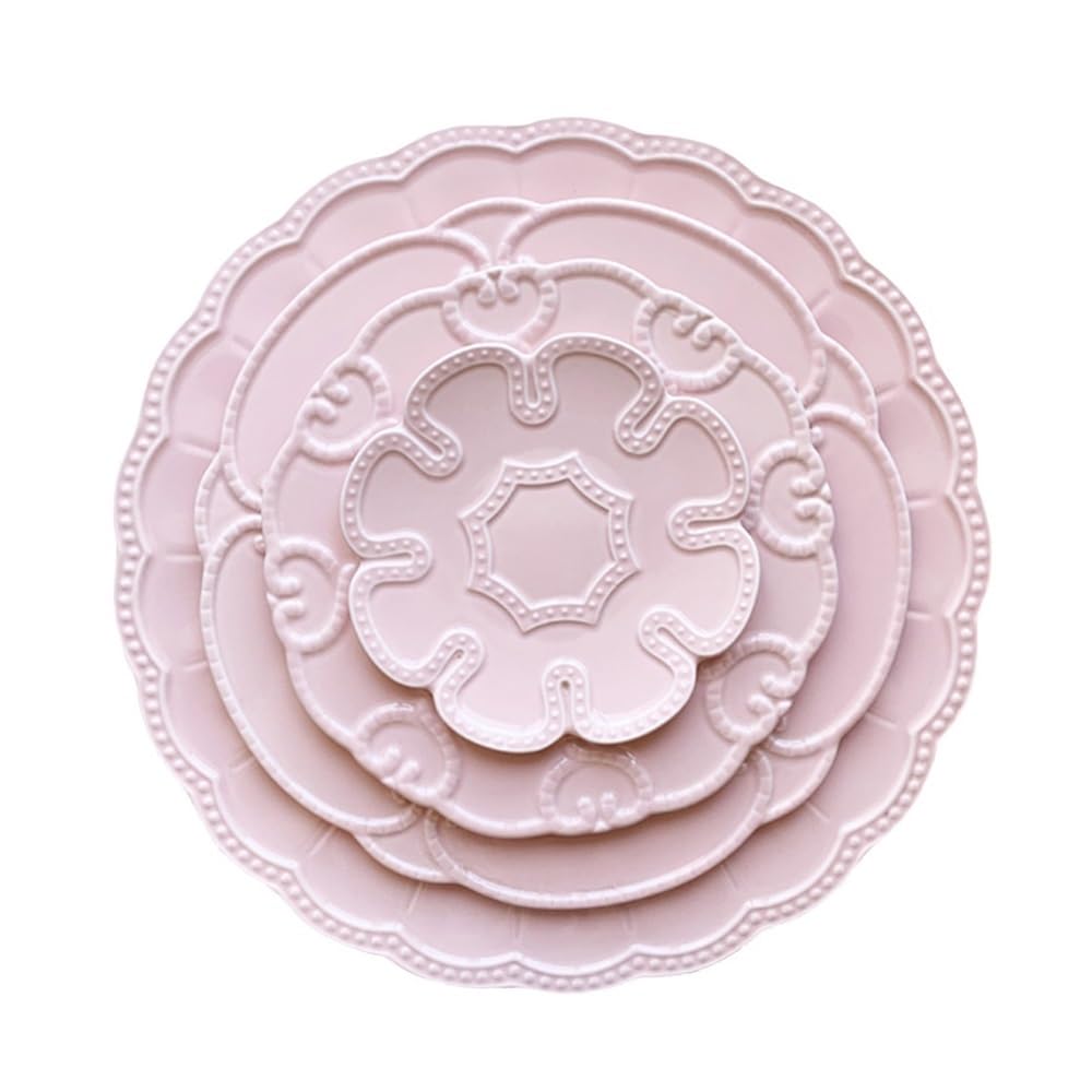 Talerze do makaronu, ceramiczne talerze deserowe zastawa stołowa ceramiczna zastawa stołowa w kształcie koronki płyta reliefowa różowy francuski trójwymiarowy wzór kolorowa glazura zestaw