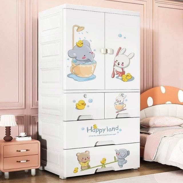 Image of EXVITO Plastic Wardrobe for Cloth with Drawers & Hanging Rod | Baby Cupboard for Clothes Storage | Foldable Collapsible Plastic Almirah for Kids | Cartoon Design Cabinet for Bedroom (White, 3 Door)