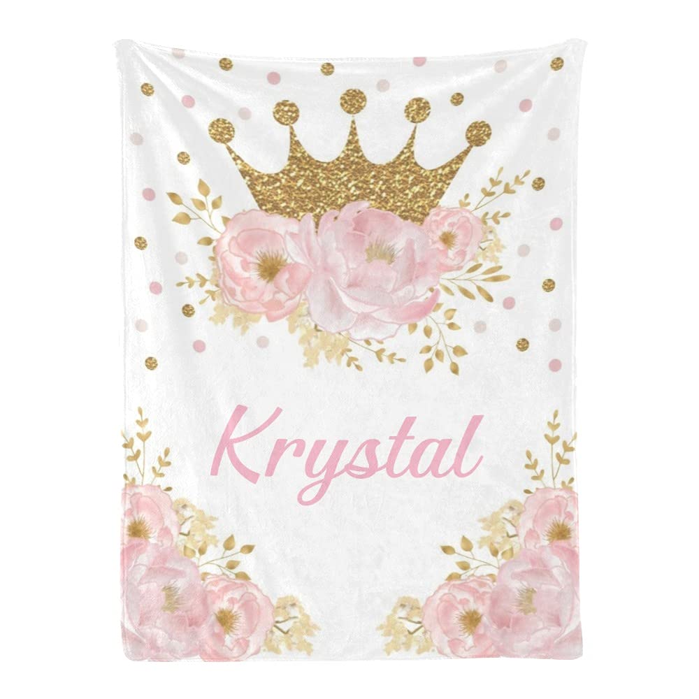Pink Floral Baby Blanket with Name Custom Personalized Super Soft Nursery Fleece Throw Blankets for Newborns Baby Shower Girls Kids Birthday Gift 30 X 40 inch