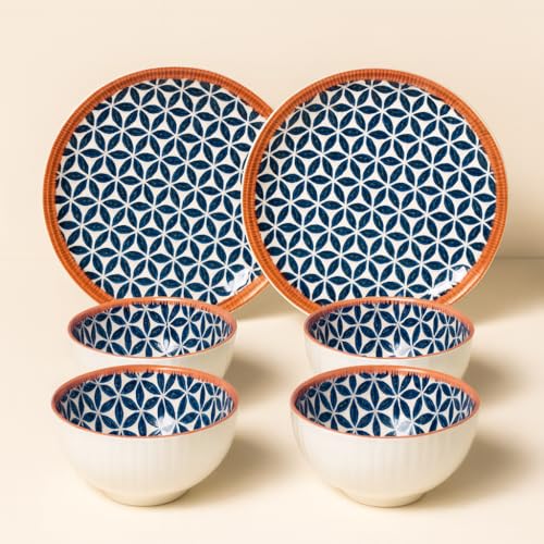 Image of YELONA Japanese Ceramic Dinnerware Set of 6 (4 Bowls + 2 Plates) | 11.5cm Bowls (300ml) & 8-Inch Plates (20.5cm) | Honeycomb Pattern | Microwave & Dishwasher Safe | Rustic Modern Kitchen Crockery