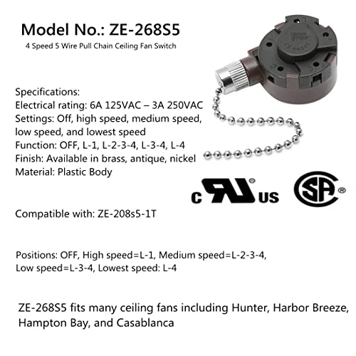 Image of Ceiling Fan Switch Set Zing Ear ZE-268S5 4 Speed 5 Wire Pull Chain Ceiling Fan Switch Speed Control Switch with Rope for Ceiling Fans, Wall Lamps, Cabinet Light, Nickel