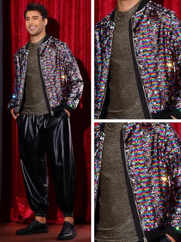 Image of Lars Amadeus Sequin Varsity Jacket for Men's Zipper Party Disco Flip-Sequin Shiny Bomber Jackets
