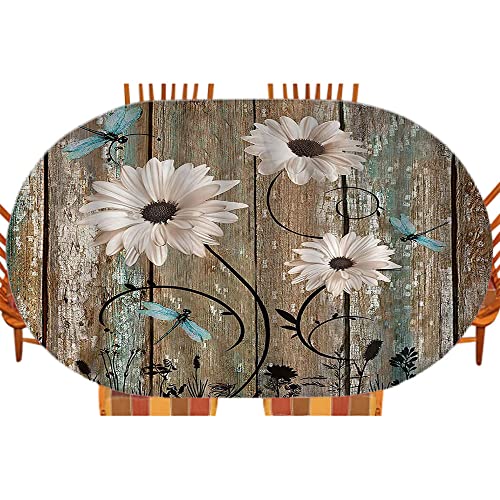 Rustic Wooden Daisy Flower Oval Fitted Tablecloth, Dragonfly Floral Old Garage Door American Native Country Farmhouse Decor, For Kitchen Dining, Party, Holiday, Christmas, Buffet, Fits 48" X 68" Table #TOP17
