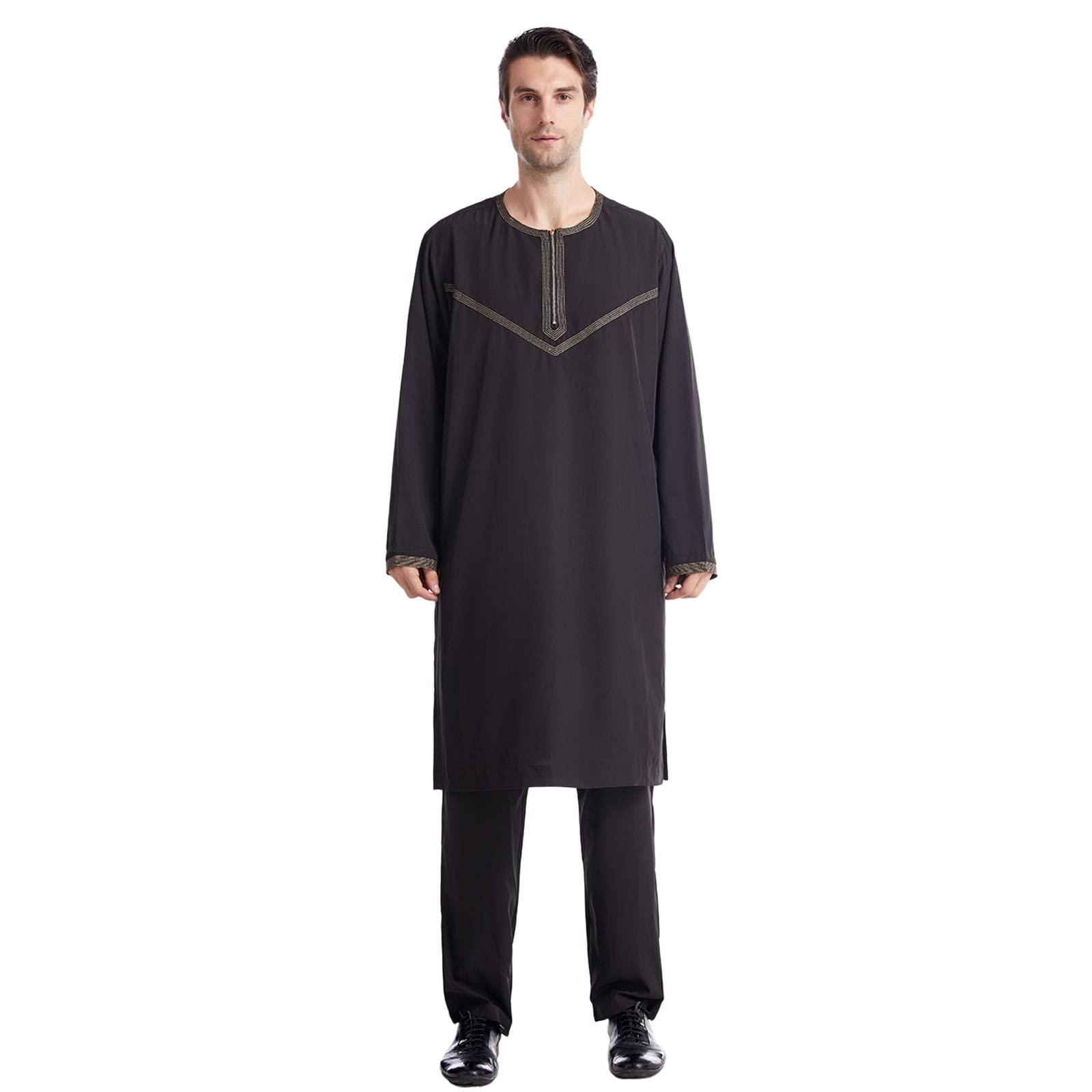 Islamska męska piżama kurta, jednokolorowa, z długim rękawem, z kieszenią na piersi i spodniami, wygodna muzułmańska odzież do noszenia na co dzień, modlitwa, ramadan, Eid