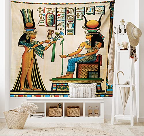 Ambesonne Egyptian Print Tapestry, Old Papyrus Depicting Queen Nefertari Historical Empire Art, Wide Wall Hanging For Bedroom Living Room Dorm, 80" X 60", Beige Orange #TOP1
