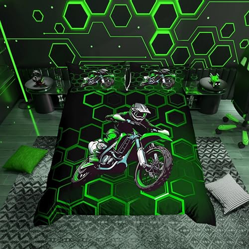 Loussiesd Green Honeycomb Dirt Bike Duvet Cover Set Single Size For Kids Boys Teens Men Extreme Sports Bedding Set Hexagonal Geometric Comforter Cover with 1 Pillowcase Motorbike Beds Set