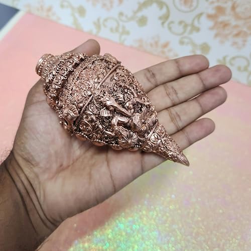 Image of ARNAVIRA Copper Plated Antique Finish Ganesh Shankh (Conch) for Wealth, Home Decor | Housewarming Gifts | Pooja Room | Return Gifting 12.7 cm x 5 cm