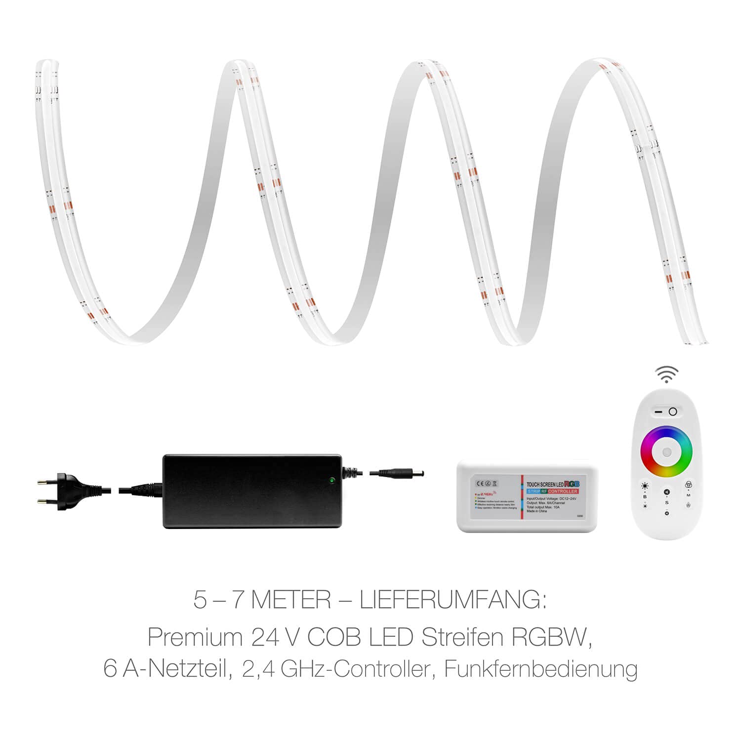 LED Universum Juego de tiras LED COB RGB-W con mando a distancia blanco, controlador y fuente de alimentación, filamento premium, 24 V, tiras LED IP65 RGB-WW, multicolor (4 metros)