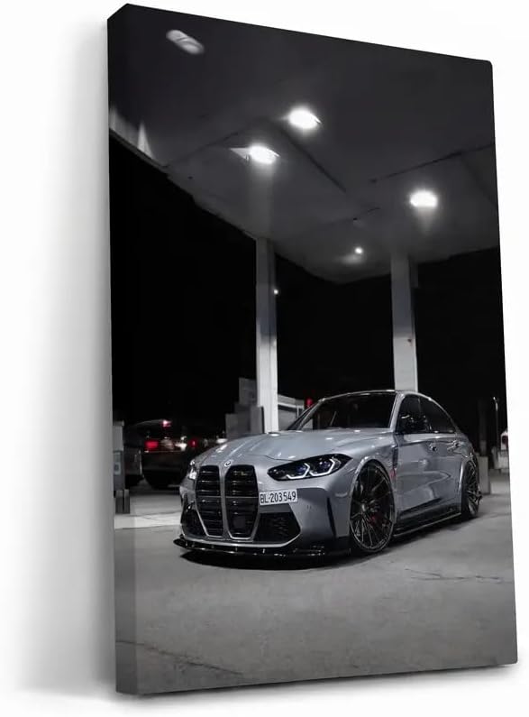 Wall Art Car Bmw M3 G80 Gray At The Gas Statio Print Painting [Canvas Framed - 36x24 inch]