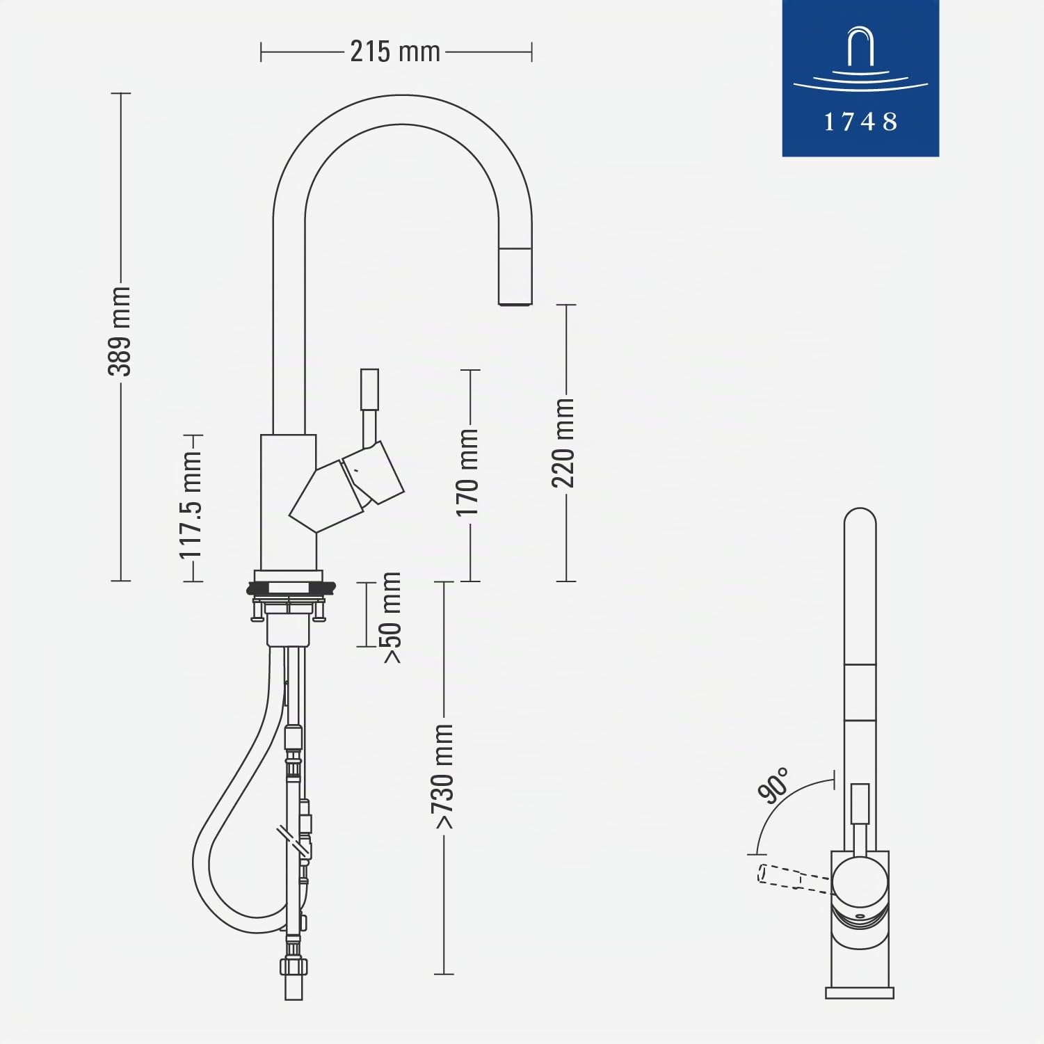 Villeroy & Boch Umbrella Flex grifería de cocina, alta presión, grifo de cocina con rociador extraíble y radio de giro de 360°, grifo de fregadero de bajo consumo, altura del caño 220 mm, dorado