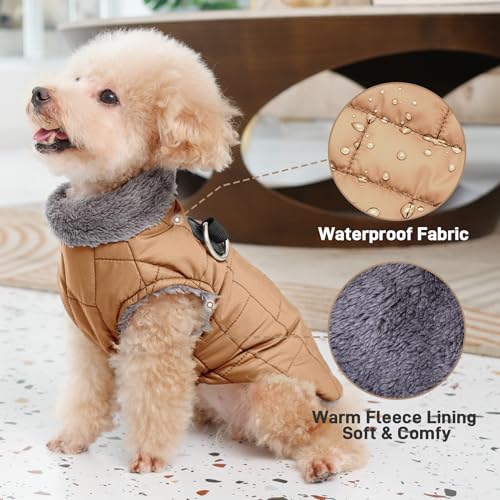 JoyDaog Warmer Fleece-Hundemantel mit strapazierfähigem Geschirr und D-Ring, wasserdichte Welpenjacke für kleine Hunde, Hundeweste für den kalten Winter, brüniertes Khaki, Größe M