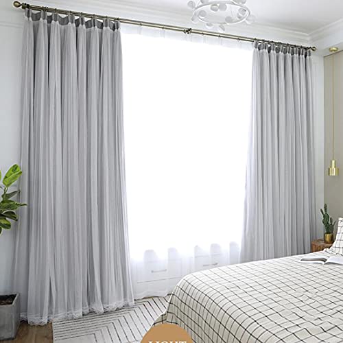 Double Layer Blackout Curtain GrayBlackout Mix Match Voile Layered Solid Pencil Pleat Curtain Panel for Living Room Girl Bedroom Thermal Insulation Shading Curtain Gray/Beige/Pink 1 pc - Image 2