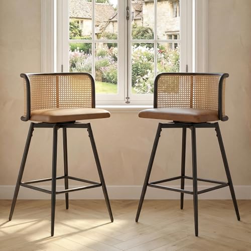 Image of 26 inch Swivel Rattan Bar Stools Set of 2, Counter Height Barstools, Brown | TYBOATLE, Farmhouse, Mid-Century Modern, Rattan Woven Back, Faux Leather Seat, Island, Kitchen
