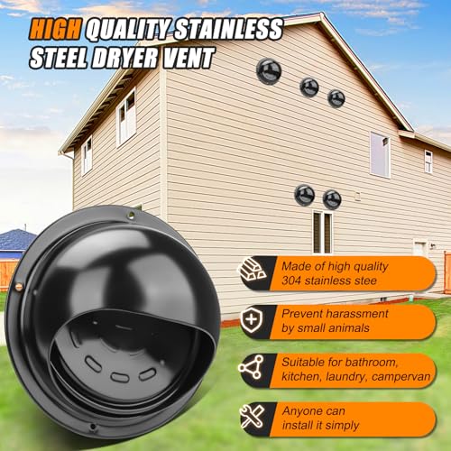Image of Matework Dryer Vent Cover Outside, 4 Inch Stainless Steel Round Dryer Vent, Auto-Open Wall Vent (Black) (Pack of 2)
