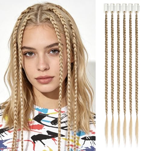 HndyUp 6PCS Clip in Knotless Braids Extensions 14 Inch Easy to install Pre Braided Hair Pieces for Women (Dark Blonde)