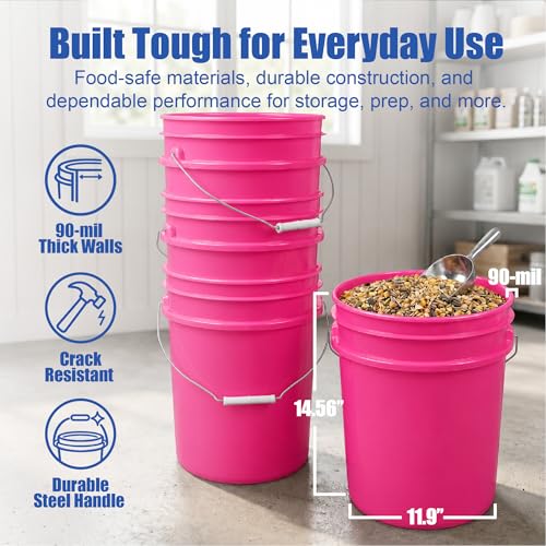 Image of ePackageSupply 5 Gallon Bucket - Food Grade Bucket with Airtight Gasketed Tear Strip Lid, BPA-Free, Heavy-Duty 90 Mil HDPE Plastic Pail, Bulk Storage, Durable Container, Made in USA - Pink, 6 Packs | Airtight Gasketed Tear Strip Lid, Heavy-Duty 90 Mil HDPE Plastic Pail, Bulk Storage, Food Safe Durable Container, Made in USA