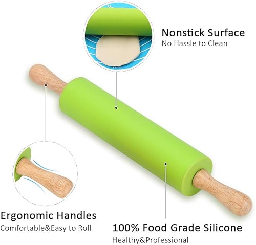 Miniatura 2 de Alimat PluS Rodillo de silicona, rodillo de masa para pizza, galletas con mango de madera y superficie, paquete de 2 rodillos para hornear (9 + 12