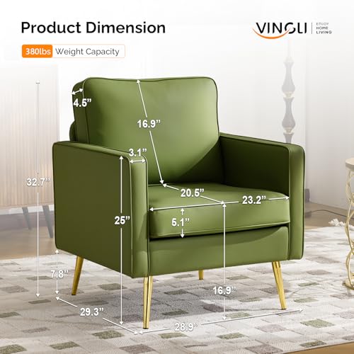 Image of VINGLI Modern Accent Chair, Upholstered Faux Leather PU Armchair with Thick Cushion & Metal Legs, Comfortable Reading Chair for Living Room, Bedroom, Office, Green