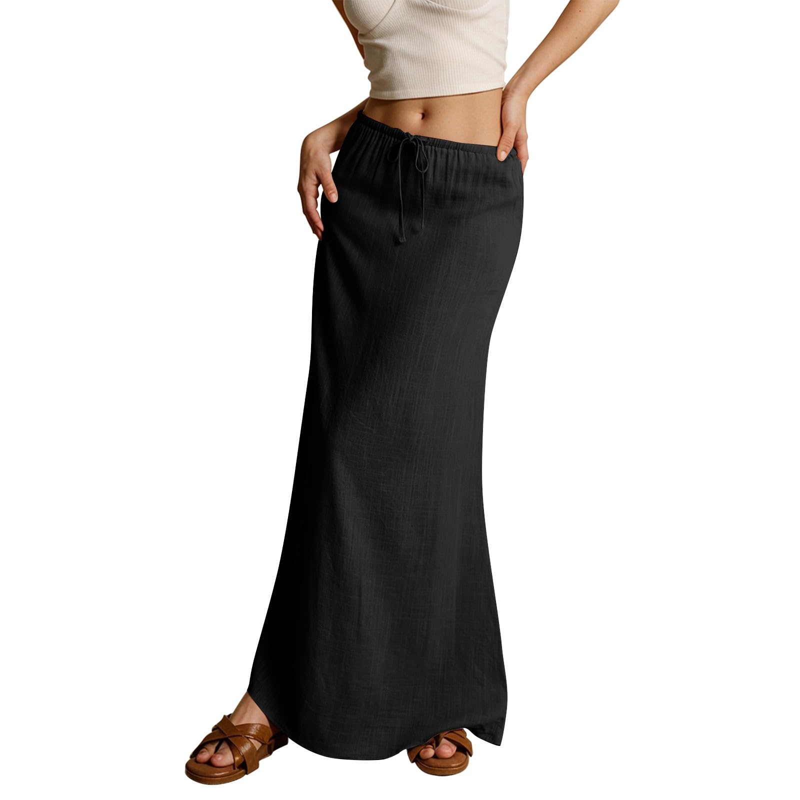 Générique Jupe Longue Femme Été Bohème Coton Lin Plage Vacances Jupes Ankle Maxi Taille Haute Elastique Robe Longue Mi-Corps