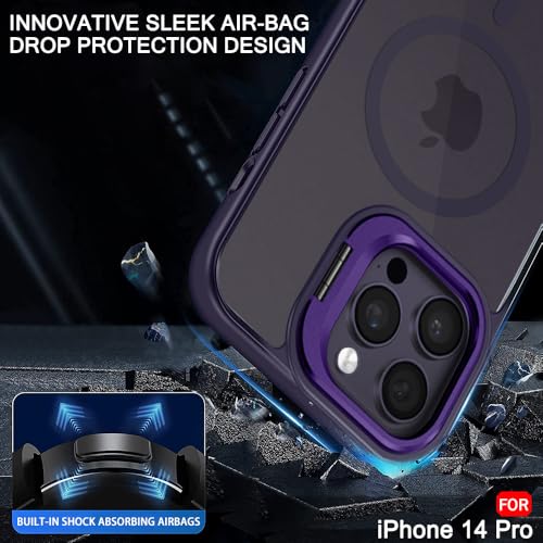 Image of TheGiftKart Hybrid Matte Frosted Back Cover Case for iPhone 14 PRO Compatible with MagSafe | Built-in Stand | Shockproof Hard Back Case Cover for iPhone 14 PRO (PC & TPU, Translucent Purple)
